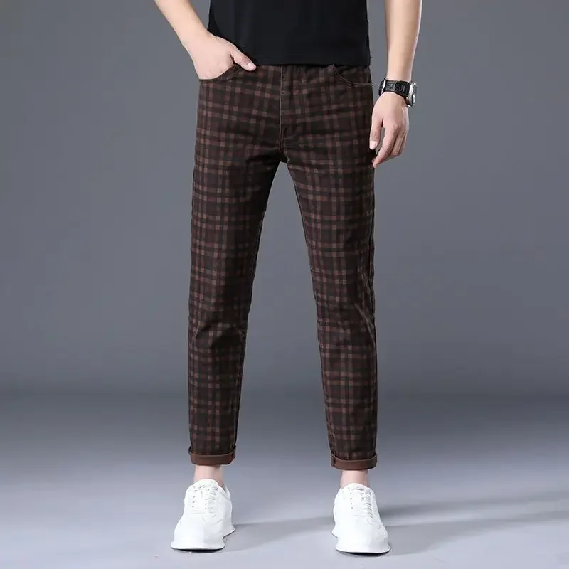 

Check Male Trousers Cropped Men's Casual Pants Plaid Straight Korean Style Fashion 2024 Aesthetic Classic Harajuku High Quality