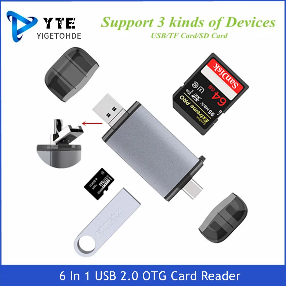 Yigetohde 6 In 1 Usb 2.0 Otg Kaartlezer TYPE-C/Microusb/USB2.0/Tf/Sd-geheugenkaart kaartlezers Voor Computer Laptop Android Telefoon