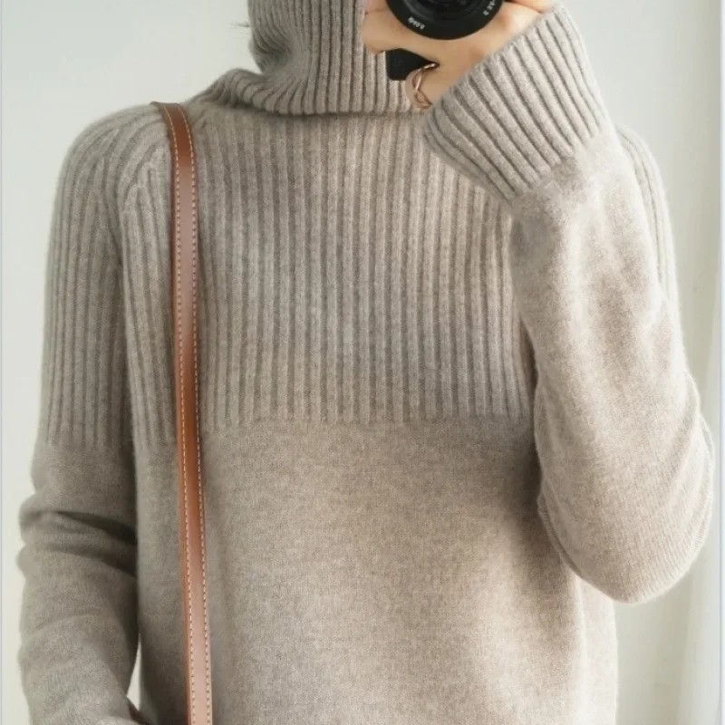 

Winter Thickened Polo Turtle Neck Sweater Women's Loose Fit Idle Style Pile Up Neck Long Sleeve Pullover Knit Base Layer Top