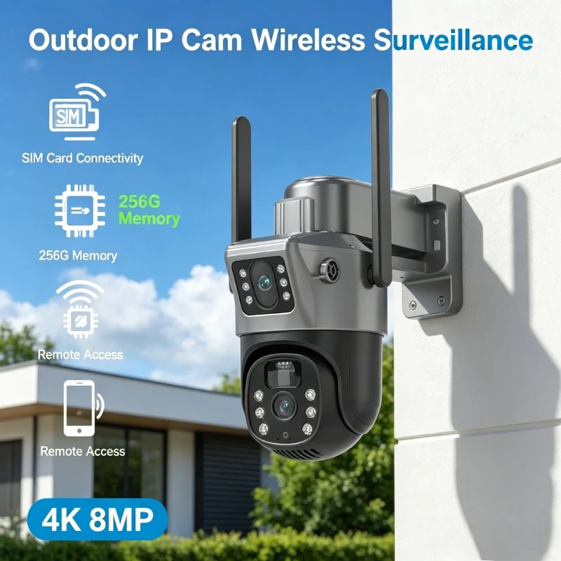 Dual Screen 4K Solar Surveillance Camera, SIM Cellular Connection, Wireless Outdoor Cam with 256G Storage for Yard Guarding