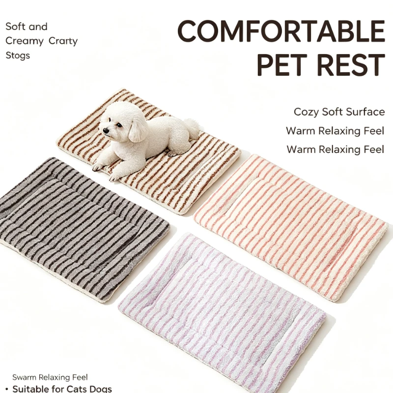 Soft Striped Pet Mat For Dogs Cats Warm Plush Cushion Non Slip Floor Bed Indoor Home Rest Gear