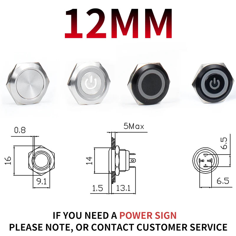 12/16/19/22/25/30mm Kurzhubiger Mini Wasserdichter Metall-Drucktastenschalter mit LED-Beleuchtung, Momentkontakt, 5/12/24/220V, Schwarz, 1NO