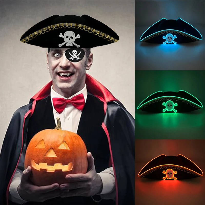 Horror luminous Felt Pirate Hat glowing in the dark Skull Print Pirate Captain Costume for Halloween Pirate cosplay props