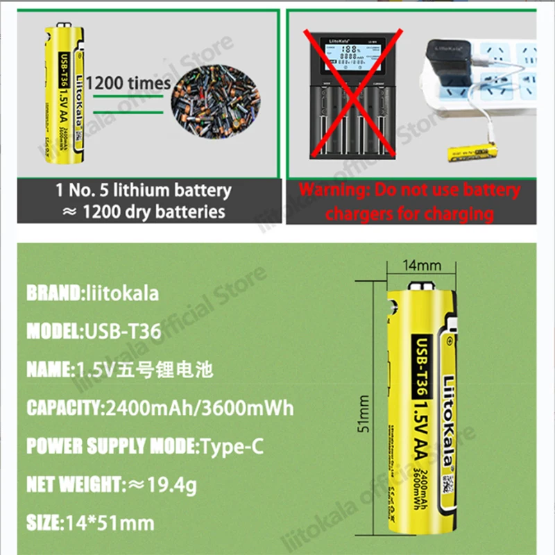 10pcs LiitoKala USB-T36 1.5V AA 3600mWh USB Rechargeable li-ion battery for remote control mouse small fan Electric toy battery