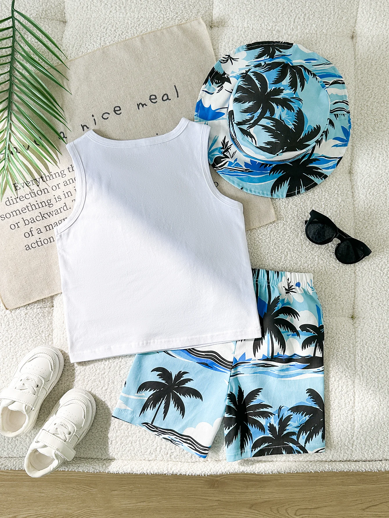 Toddler Boy Summer Time Sunglasses Print Vest Hawaiian Palm Shorts Matching Hat Swim Outfit
