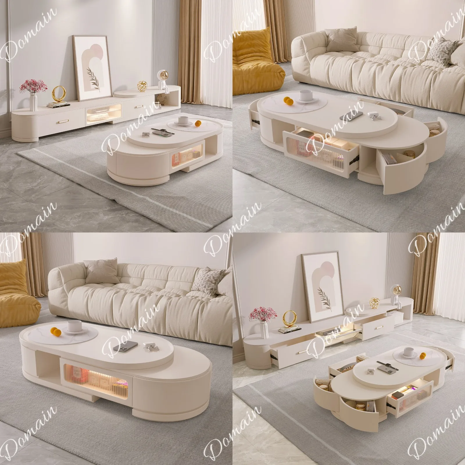 Vintage Cream Style Retractable Marble Coffee Table TV Stand Combo for Small Living Room Modern Oval