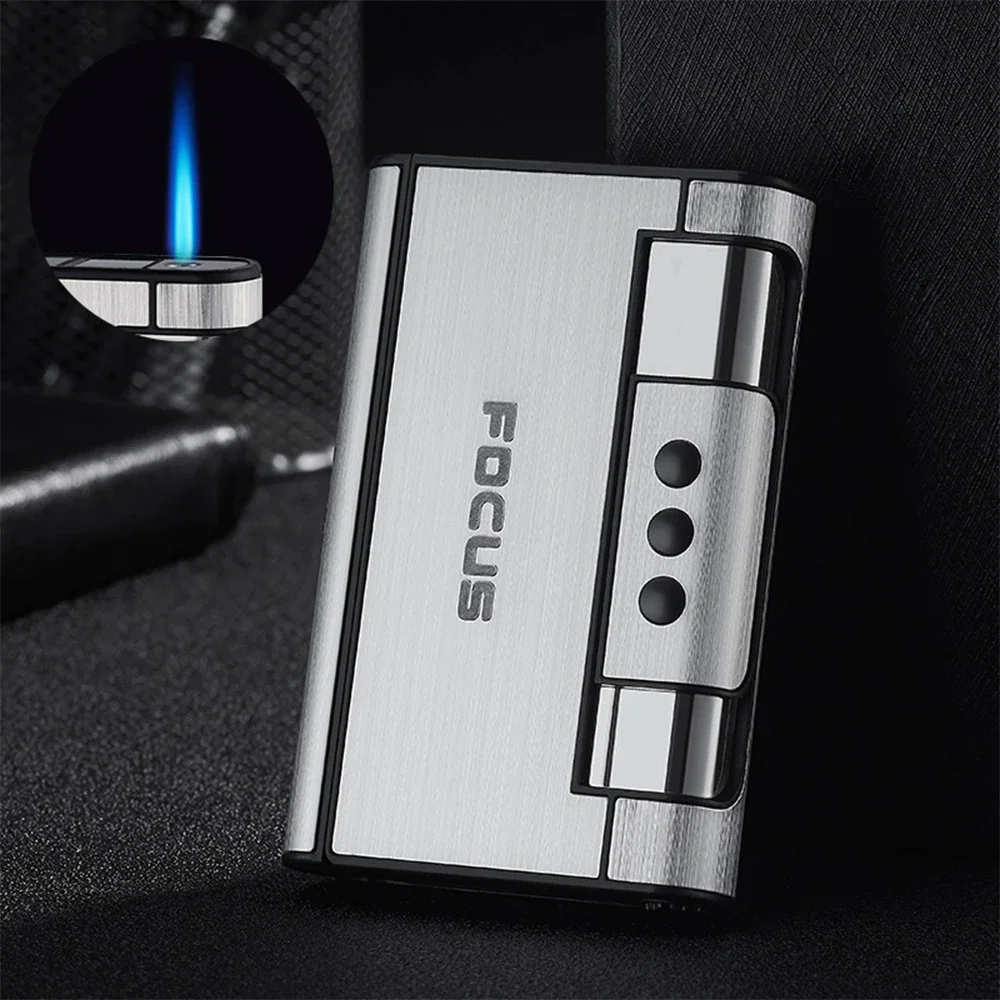 New Windproof Turbo Inflatable Lighter Can Hold  8PC Automatic Cigarette Case Flashlight Gas Lighter Men\'s Gadget Cigar Special