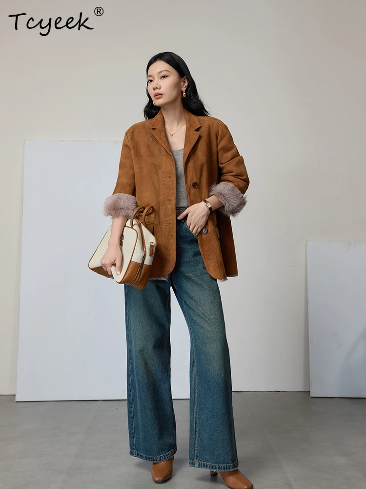 Tcyeek Prawdziwa Wełna Jesienno-Zimowa Elegancka Modna Kolor Milard Średniej Długości Damska Wełniana Peleryna z Wełny Jagnięcej Futro Fourrures Femme