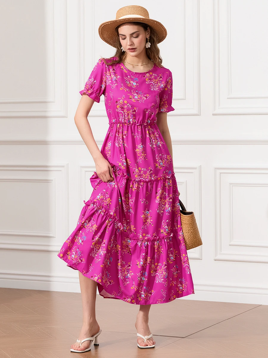 wsevypo Summer Floral Print Ruched Long Dress Women's Short Puff Sleeve Round Neck Tiered Ruffled Trim Pleated Flowy Dresses