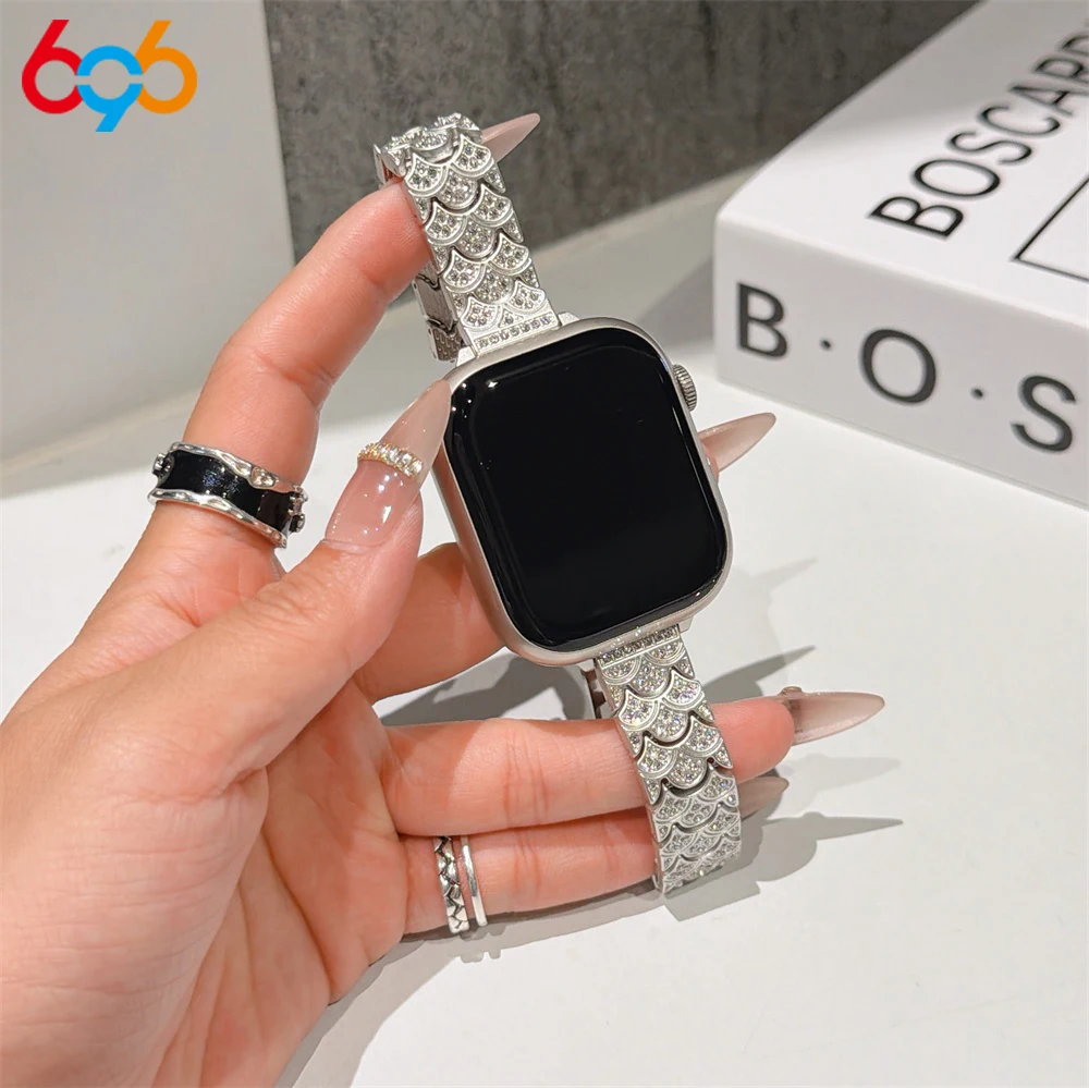 

Full-Diamond Fishscale Metal Strap For Iwatch Ultra 2 Band 45mm 42mm 40/38mm 44mm Women's Band For IWatch Series 9 8 7 6 SE 5 4