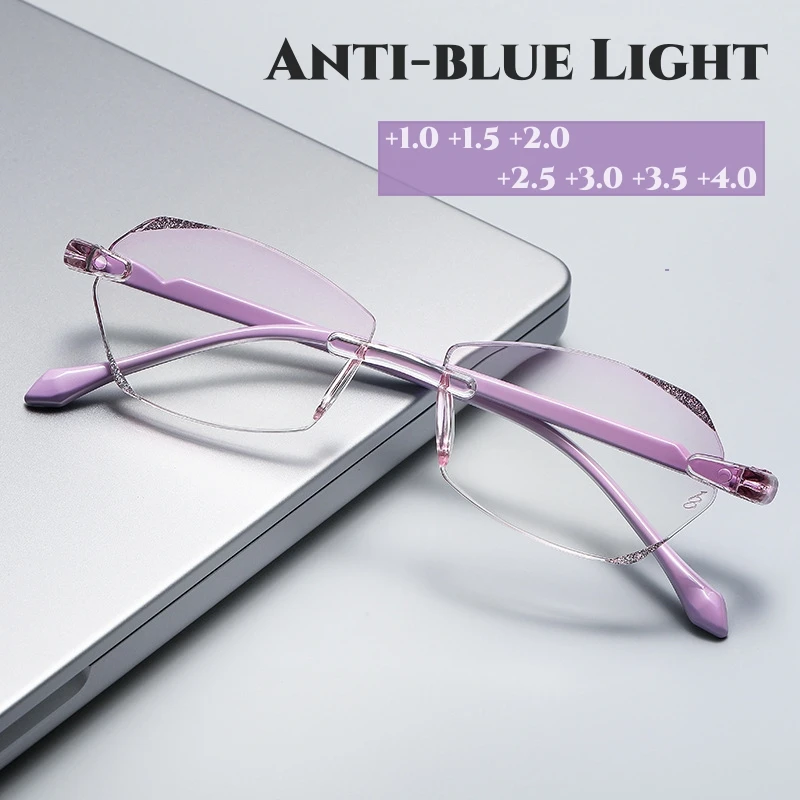 

Women Men Blue Light Blocking HD Lens Presbyopia Eyeglasses Fashion Diamond Frameless Reading Glasses Diopter To +4.0 Eyewear