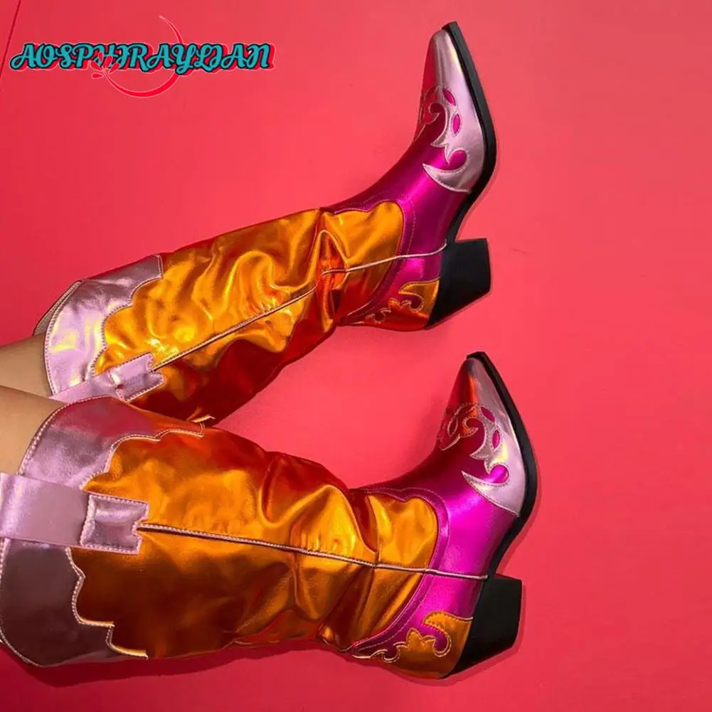 

Brand New Female Metallic Western Cowgirl Boots Fashion Mixed Colors Pointed Toe Cowgirl Boots Women Chunky Heels Woman Shoes