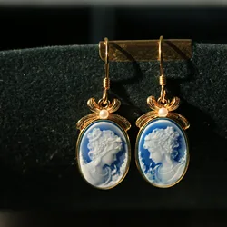 S925 Silver 18k Gold-plated Colorful Agate Relief Earring For Women Girls Vintage Beauty Girl Dangle Earrings Fashion Jewelry
