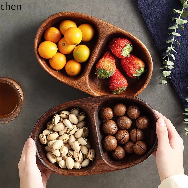 CZ Solid Wood Salad Bowl, Double-Compartment Bowl for Dried Fruits and Snacks, Salad Boat-Shaped Plate, Walnut Wood
