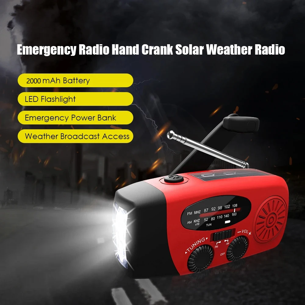 Hand Crank Solar Weather Radio 2000mAh AM/FM/NOAA Emergency Weather Radio Portable Power Bank with Solar Charging Battery Operat