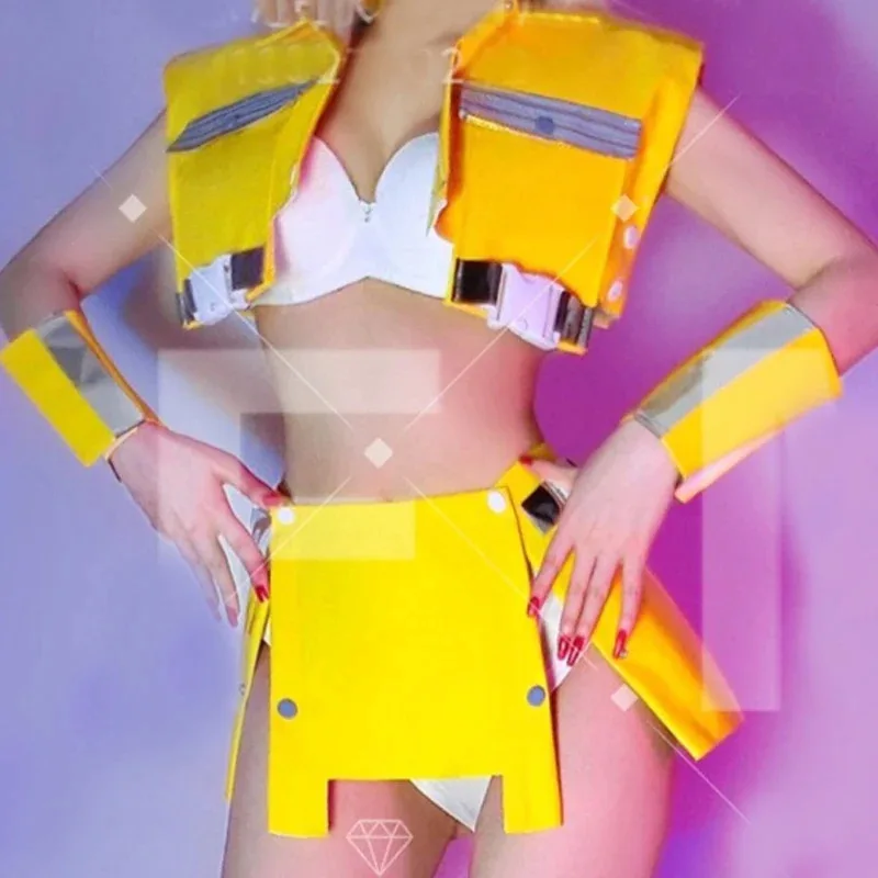 Bar Nightclub Ds Dj Party Festival Outfit Sexy Gogo Dancer Costumes Yellow Leather Pole Dance Clothing Stage Rave Wear XS8329