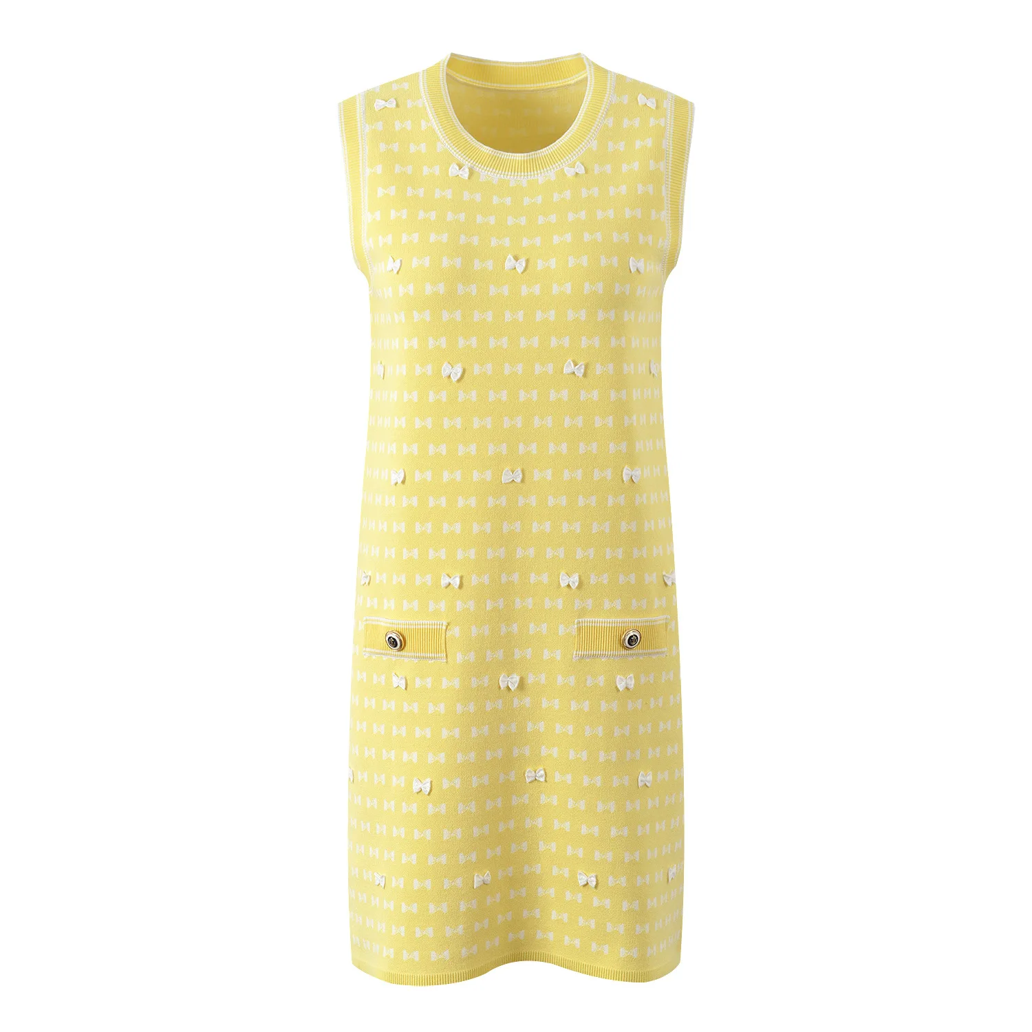 Zjyt nova primavera 2025 padrões bowknot sem mangas tricô camisola vestidos femininos o pescoço casual vestido diário vestidos doce rosa