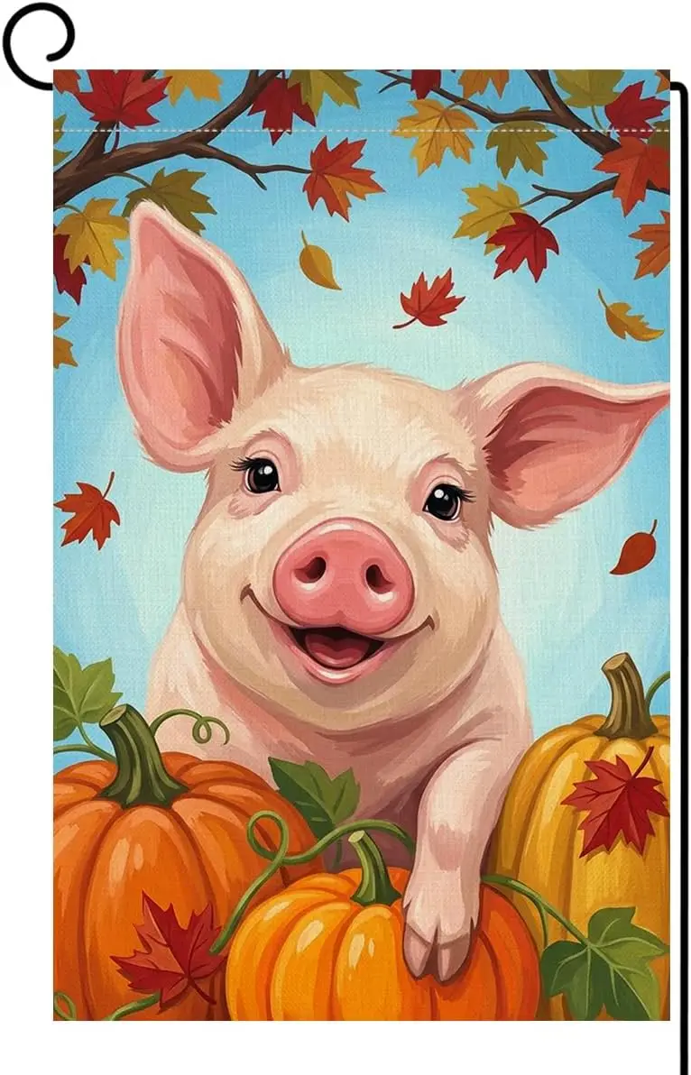 Fall Thanksgiving Pig Garden Flag 12x18 Pumpkins Maple Leaves Yard Decor aaz