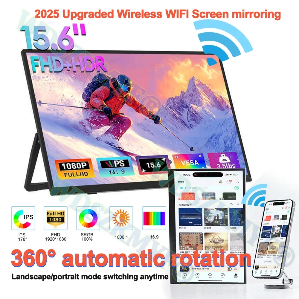 

15.6"Portable Wireless Monitor IPS Secondary Display Computer Monitor FHD Type-C MINI HDMI For Cell phone PC Xbox Switch Laptop