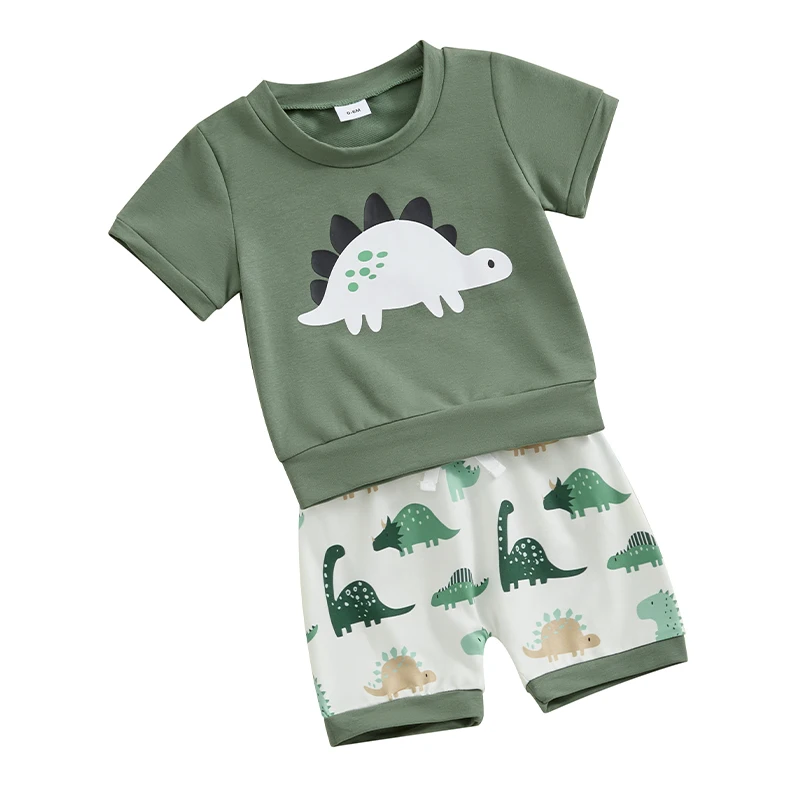 

Toddler Boy Summer Outfits 2 Pcs Newborn Baby Clothes Dinosaur Print Short Sleeve Shirt and Drawstring Shorts Set