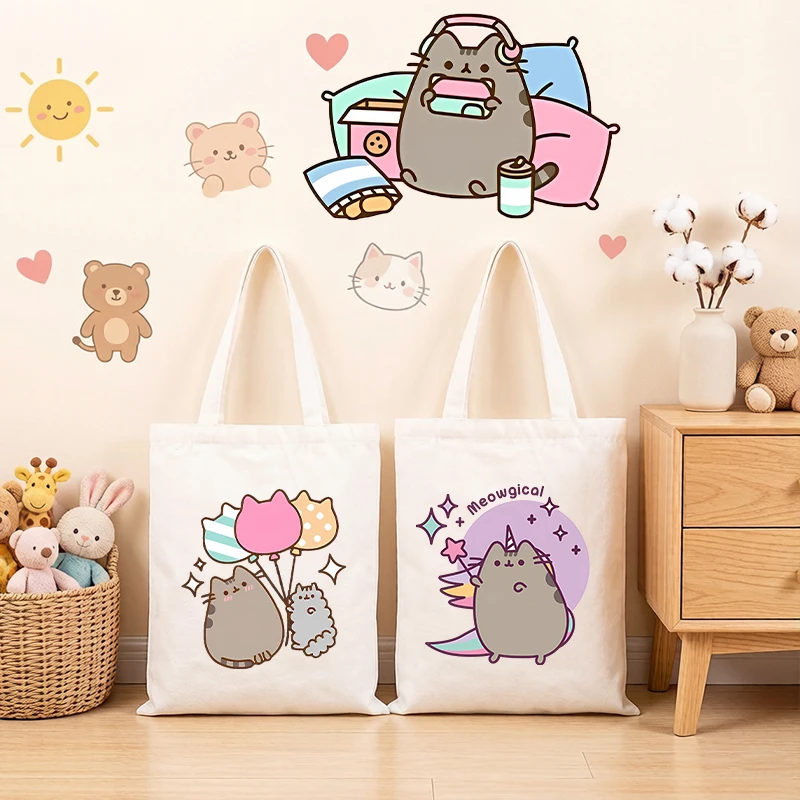 

Cute Pusheens Female Canvas Handbag Girl Anime Popular Kawaii Kids Reusable Fold Large Capacity Shopped Pocket Shoulder Tote Bag