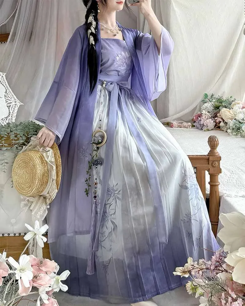 Chinese Hanfu Dress Women Costume Modern Improved Ancient Chinese Purple Printed 3pcs Sets Plus Size XL