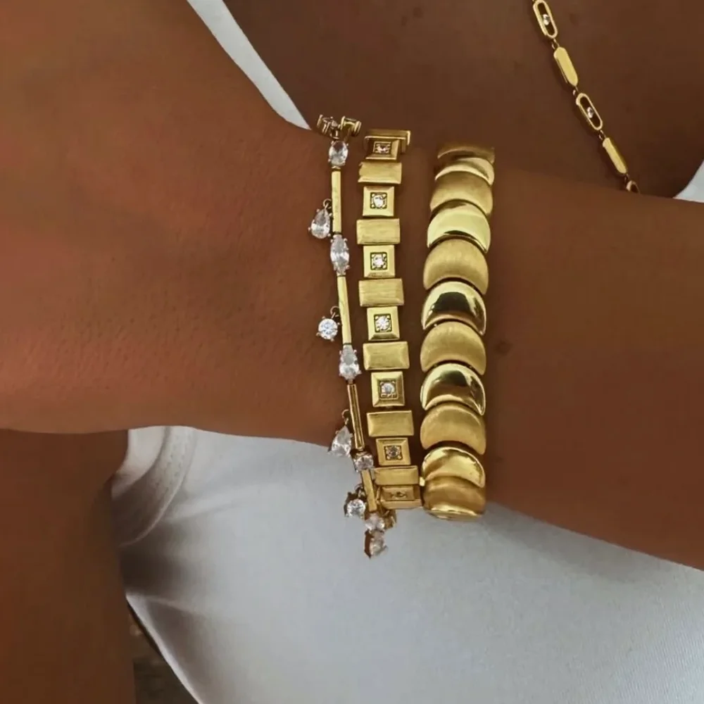 

2025 Bling Geometric White CZ Drop Charm Bracelet Gold Color Bar Bamboo Link Chain for Women Trendy Fashion Jewelry Party