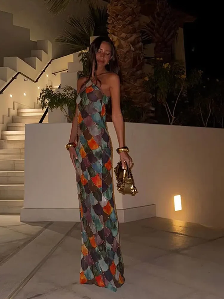 

Vintage Women Contrast Color Halter Long Dress Fashion Sleeveless Bodycon Printed Robe 2025 Chic Spring Lady Party Beach Dresses