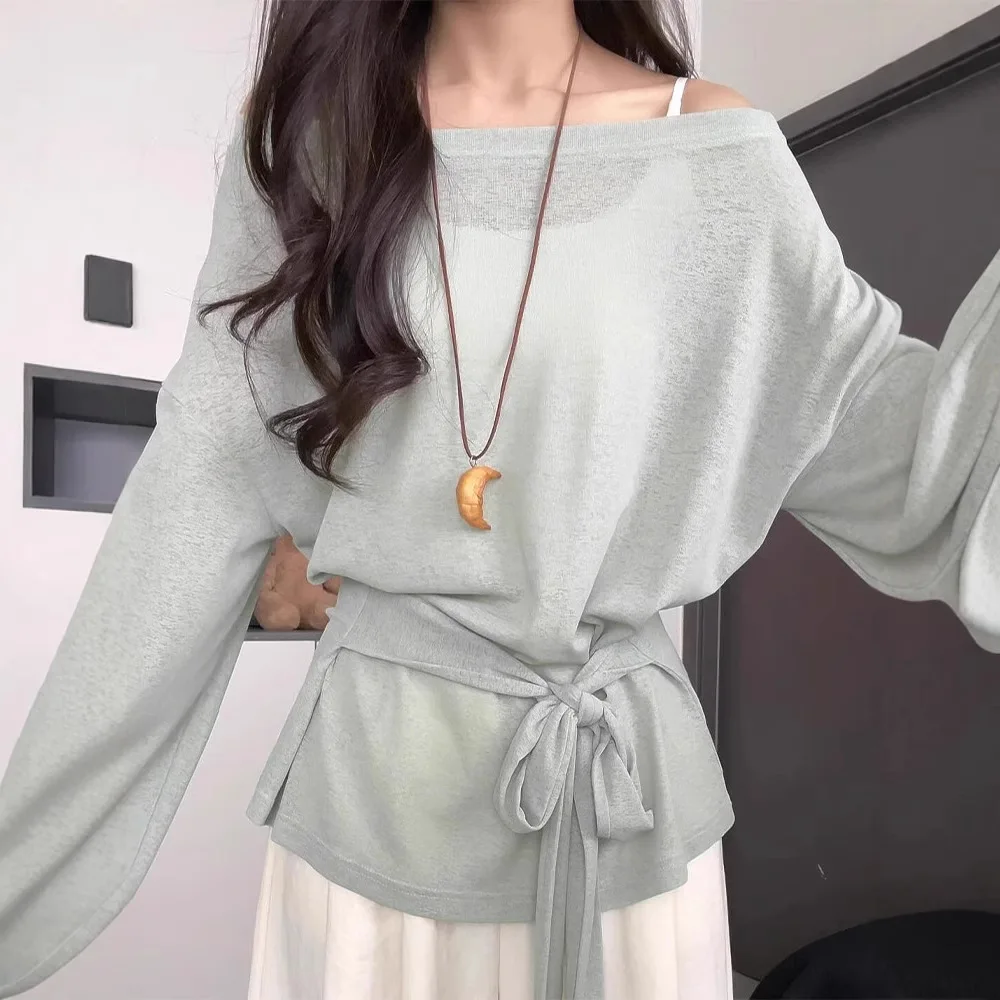 

Высокое качество, хит продаж, оптовая продажа, летняя шифоновая рубашка из ледяного шелка с защитой от солнца, футболка с завязкой на талии, топ с открытыми плечами Y2K