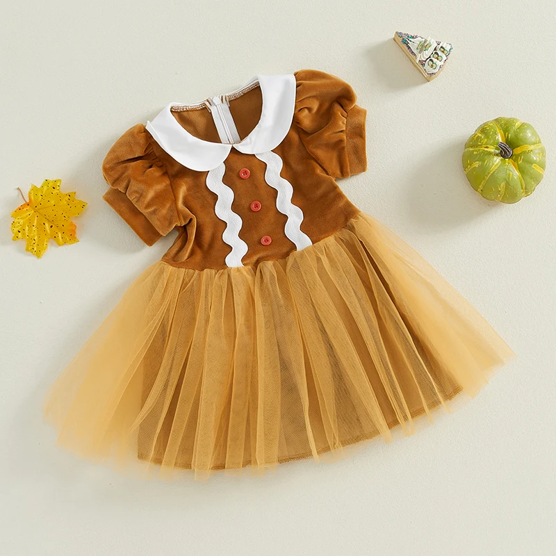 0-5Y Toddler Kids Girls Christmas Gingerbread Dress Short Sleeve Mesh Patchwork Tulle Princess Dress