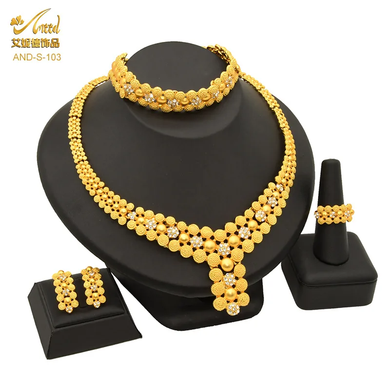 

24K Gold AU999 Diamond-Studded Floral Elegant Necklace Bracelet Earrings Ring 4-Piece Set Women - Premium set, fits weddings