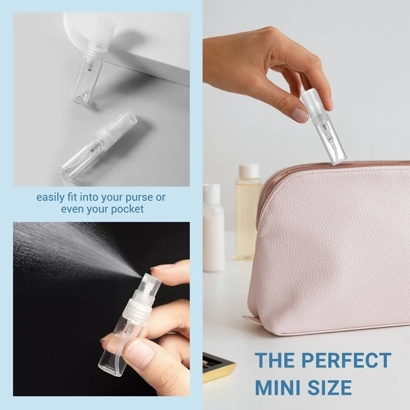 100 Stück 2ml 3ml 5ml Mini Feinsprühflaschen aus Kunststoff, nachfüllbare tragbare Reise-Flüssigkosmetikbehälter – Detail 4