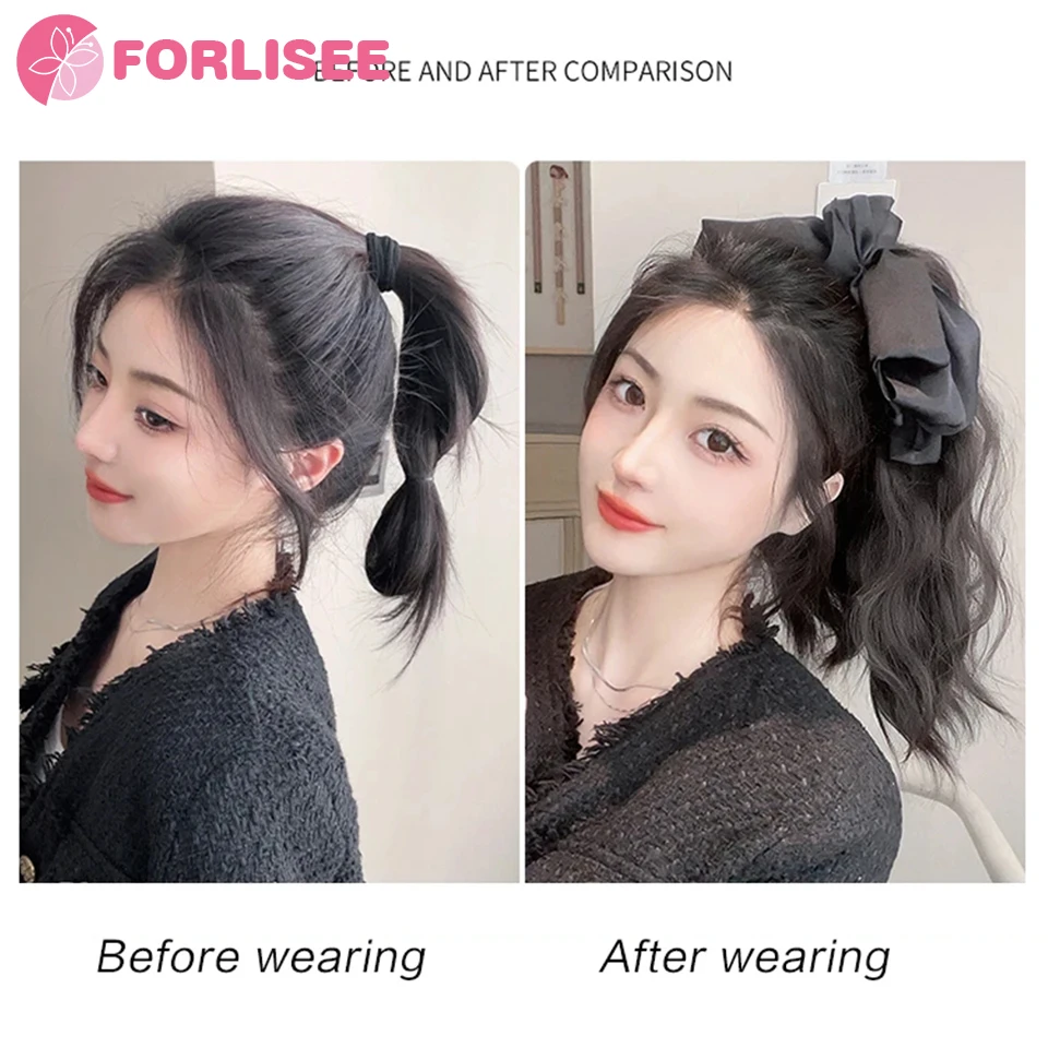 Untuk Wig Ponytail dengan pegangan dasi kupu-kupu dan kepang ekor kuda tinggi. Rambut panjang keriting dengan awan alami dan riak. Ponyta palsu