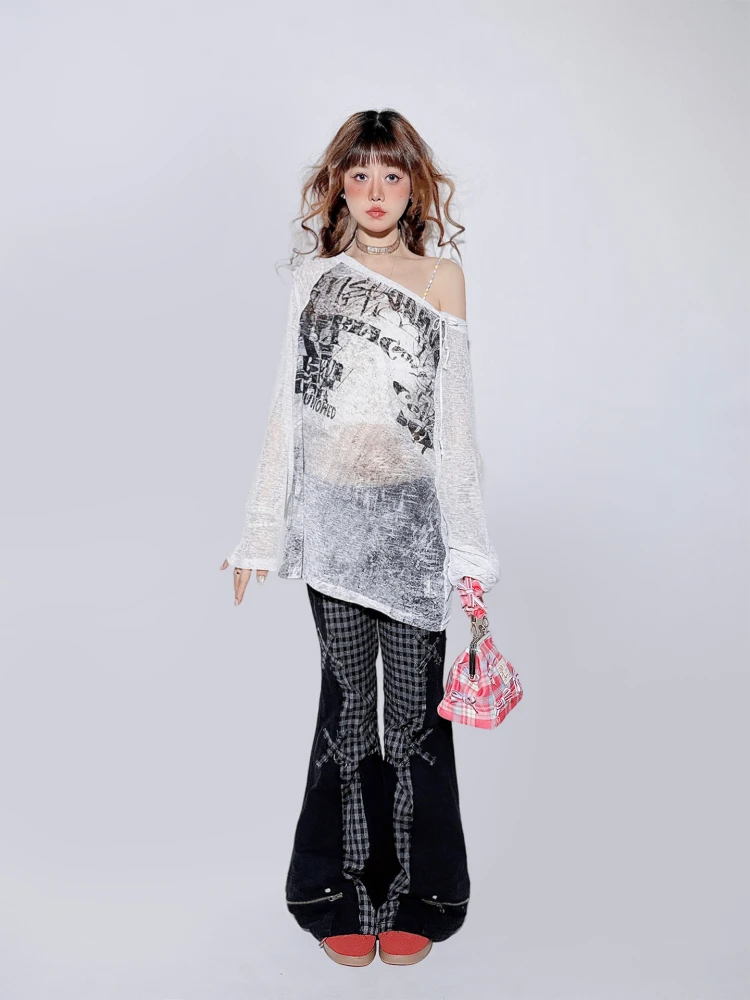 مايكرو سحب السراويل التوابل فتاة عالية الخصر سراويل جينز سليم صالح وزرة مائل الكتف بلوزة طويلة الأكمام رقيقة تي شيرت