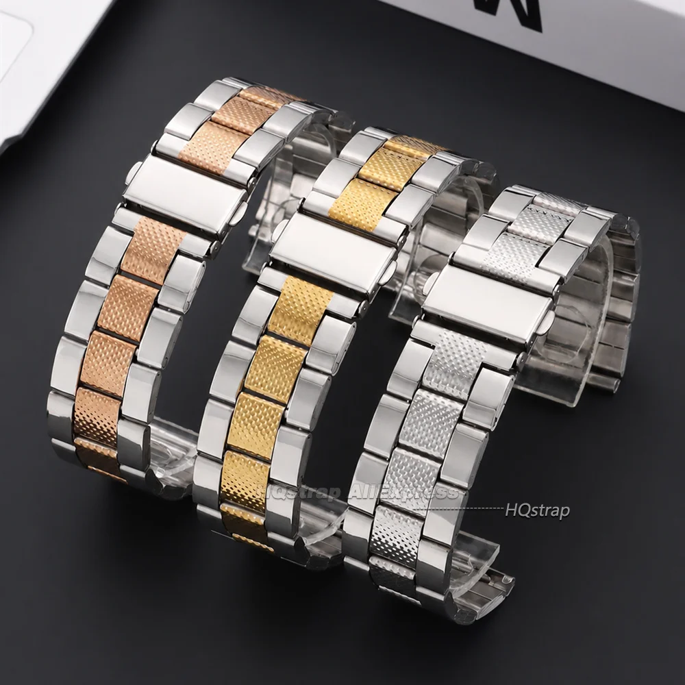 Textured Stainless Steel Watch Strap 22mm for Seiko for Rolex Universal Wrist Band Folding Buckle Three Bead Business Bracelet