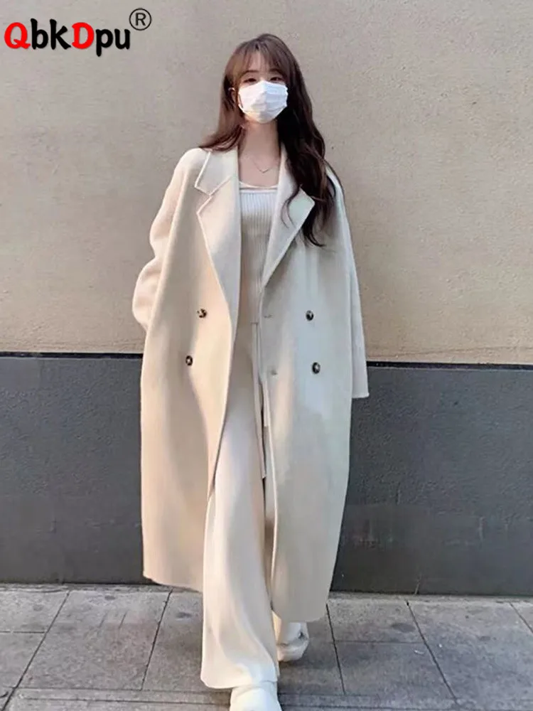 

Warm Mid Length Loose Wool Blend Coat Korean Women New Unlined Overcoat Fall Winter Solid Double Breasted Parkas Jaqueta