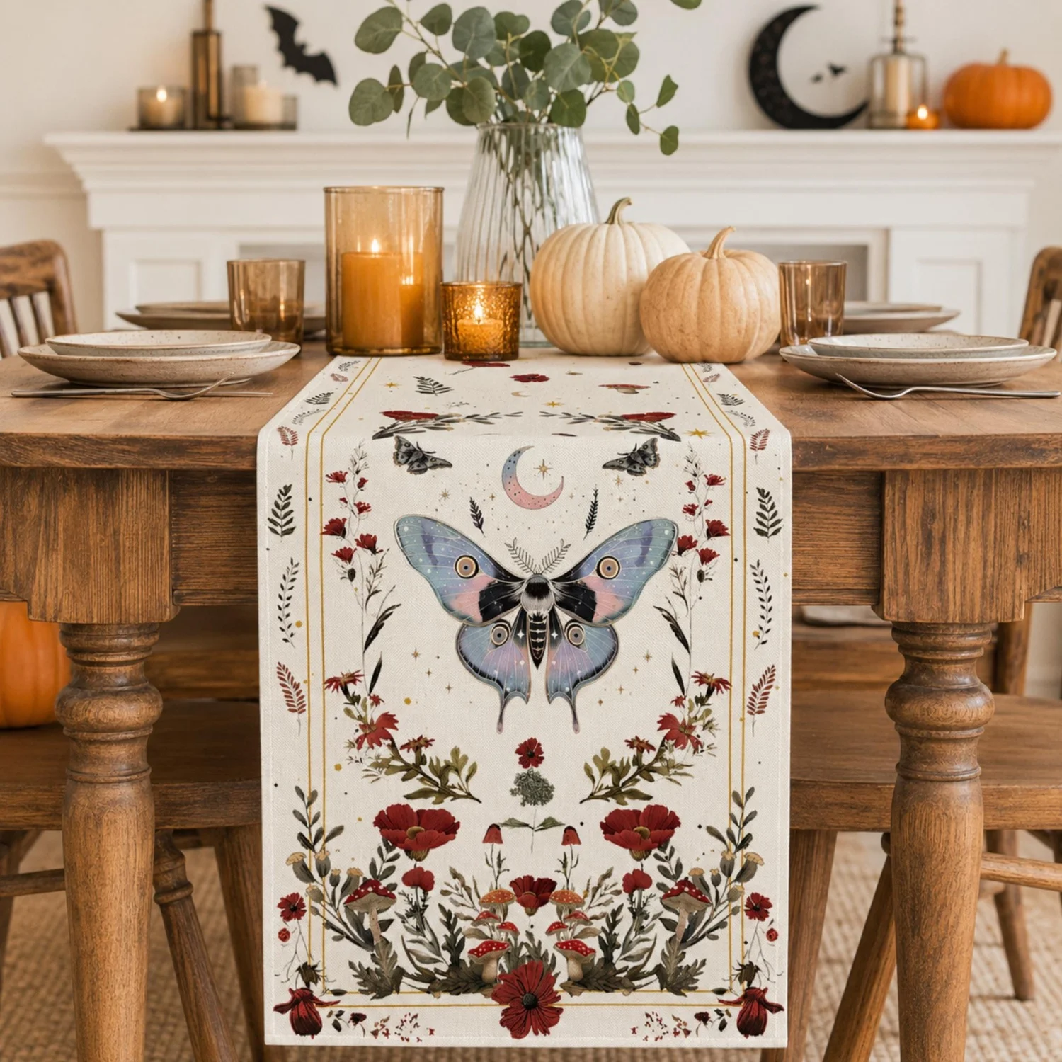 1pc Celestial Moon Moth And Mushroom Fall Table Runner,Cottagecore Whimsigoth Fall Table Linens