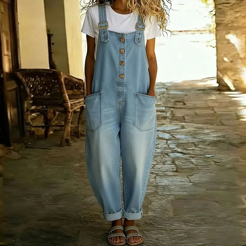 

Casual Sleeveless Loose Long Jumpsuit Fashion Button Adjustable Solid Playsuit Elegant Off Shoulder Pocket Suspender Romper