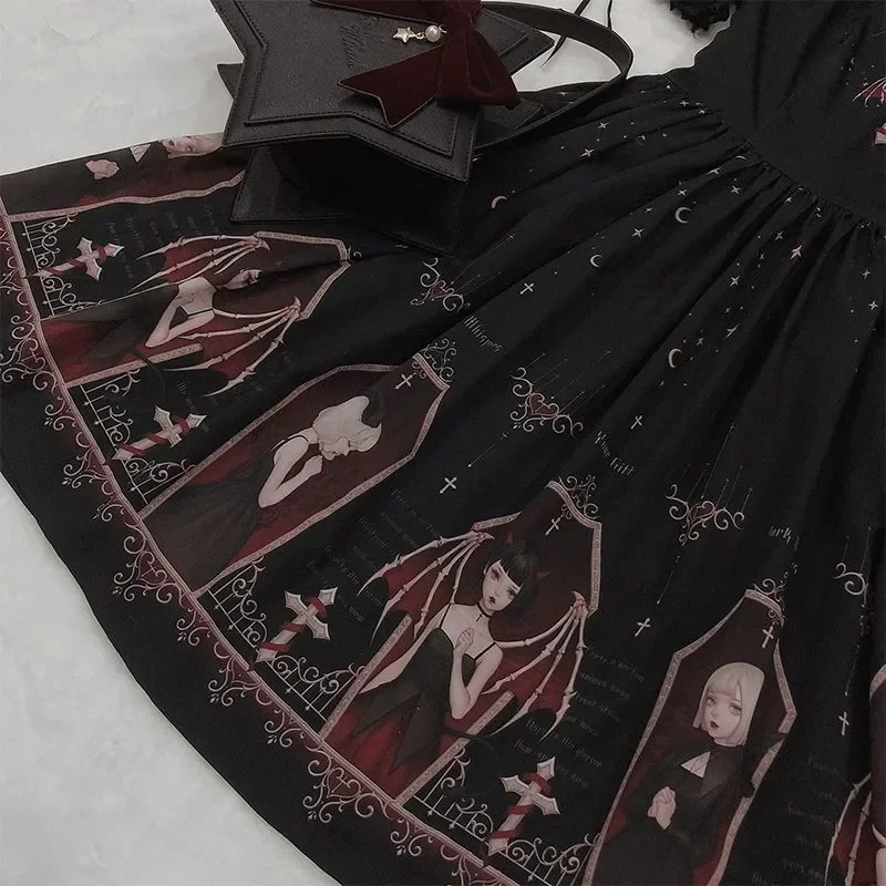 Vestido gótico oscuro con estampado de diablo, vestido negro de estilo japonés Lolita Jsk victoriano con tirantes, vestidos sexis de vendaje góticos dulces Loli