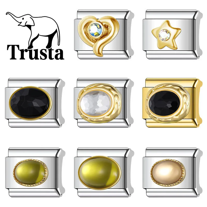 Trusta Round Shaped Zircon Green Italian Charm Link fit Stainless Steel Elastic Bracelet For Woman Party DIY Making Jewelry N636