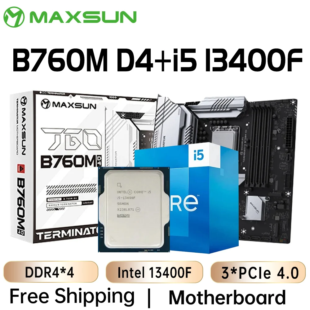 MAXSUN New B760M D4 Terminator with CPU i5 13400F Motherboard Set SATA3 M.2 4*DDR4 128GB Support Intel 14 13 12th Core LGA1700