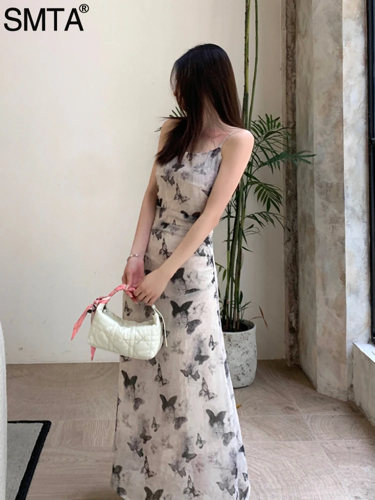 Temperament Robe Femme Maxi Dresses for Women Fashion Sexy Sling Sleeveless Butterfly Backless Elegant Midi Dress Korea Summer