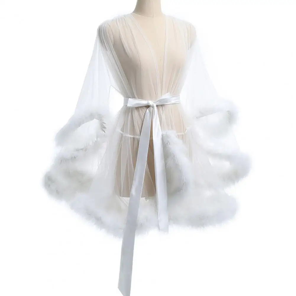 New Wedding Pajama Bath Dress Women Sexy V Neck Sequins Glitter Mesh See Through Nightgown Plush Fluffy Sleeve Sleepwear Robe