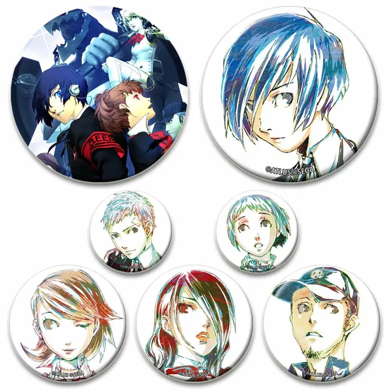 Persona 3 Game Brooches P3 Shin Takeba Megami Yuuki Tensei Makoto Yukari Cosplay Badge Round Tinplate Brooch Pins for Backpack