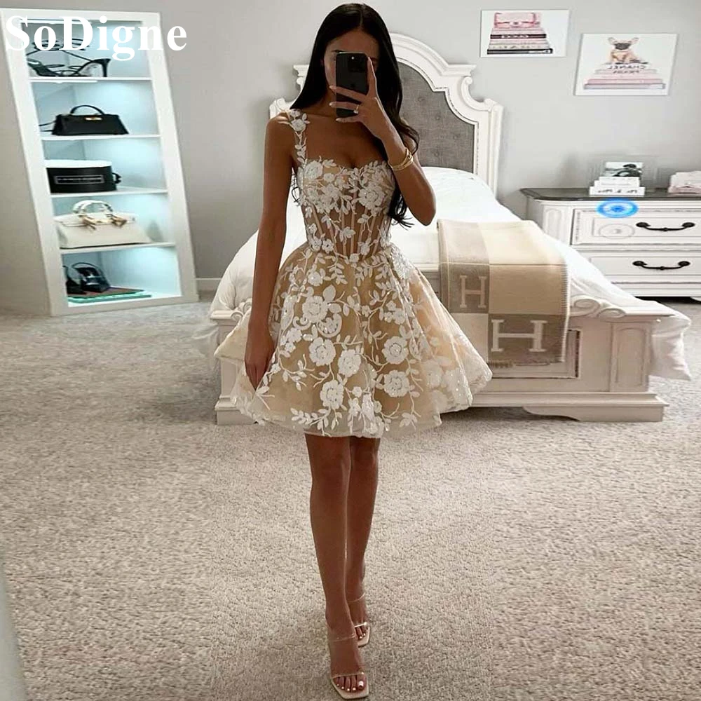 

SoDigne Sexy Champagne Short Prom Dresses A-Line Spaghetti Strap Pleated Lace Appliques Party Mini Dress Cocktail Gown Customize