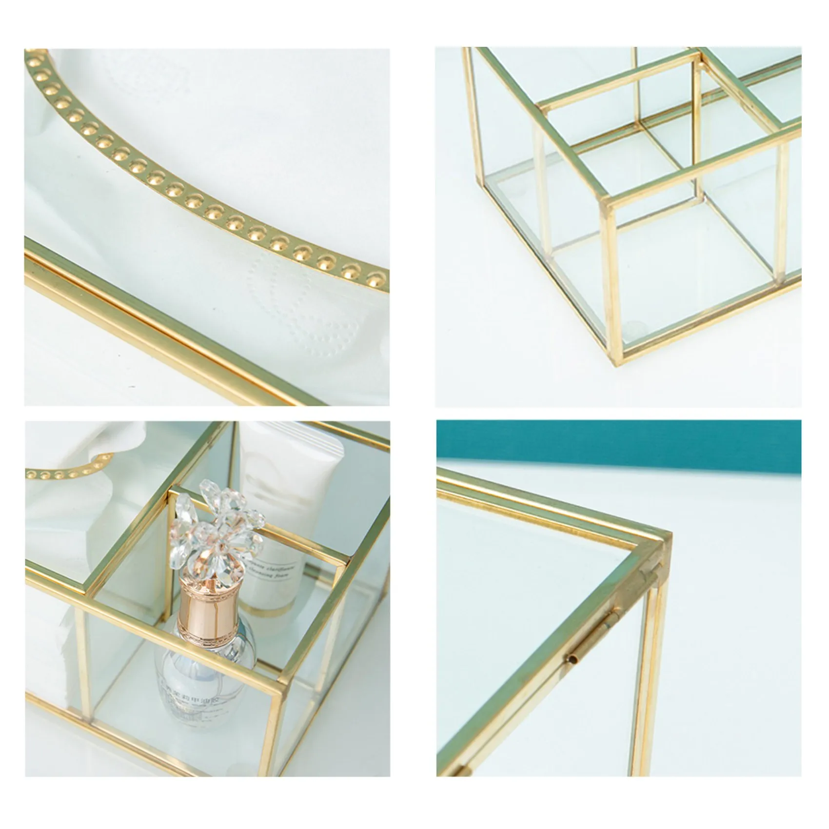 Doings Gold Tissue Box Rectangular Clear Glass Paper Tissue Box for Home Tissue Dispenser Geometric Glass Tissue Box