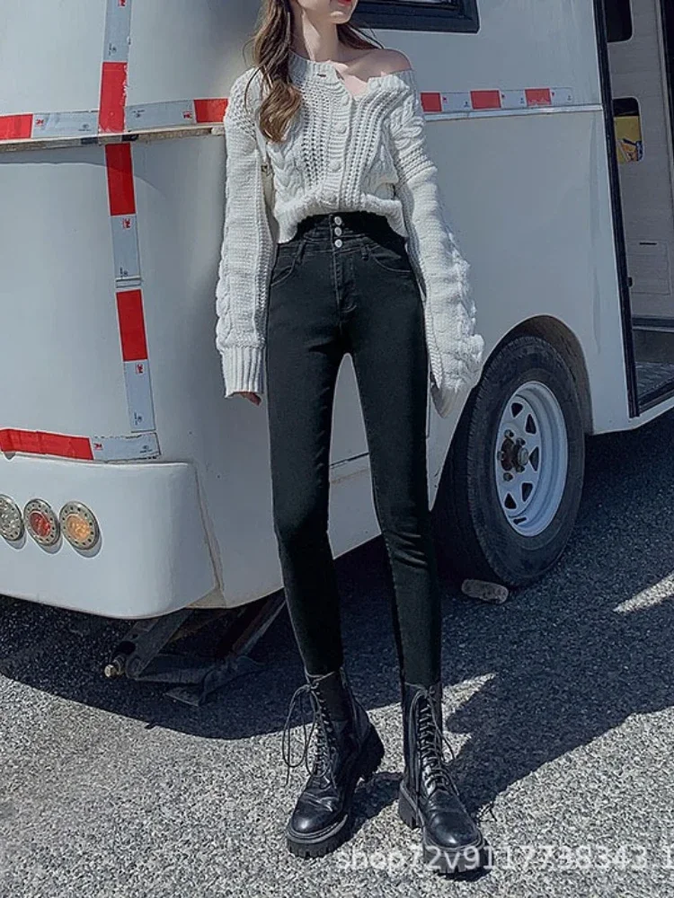 Autumn winter velvet new super high-waisted tight jeans thin show high elasticity, small feet, pencil pants, children