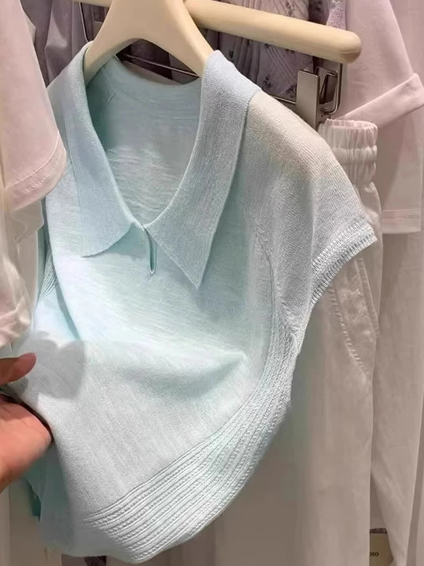 الصيف الحرير الجليد محبوك ort Sve تي شيرت لون نقي الجلد ودية البلوز Ne Faionable الكورية Sle المرأة الأعلى