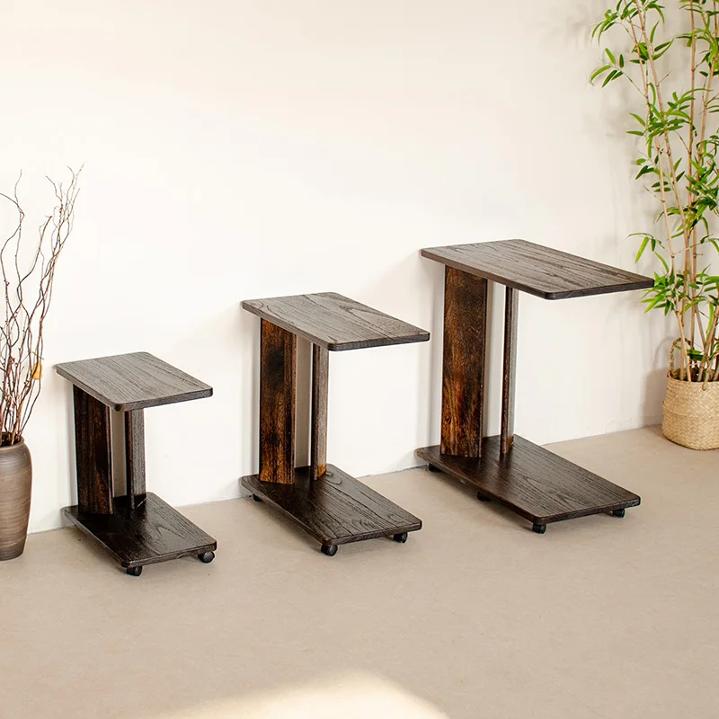 Solid Wood C-Side Tables Mobile Bedside Table with Wheels Sofa End Table for Living Room