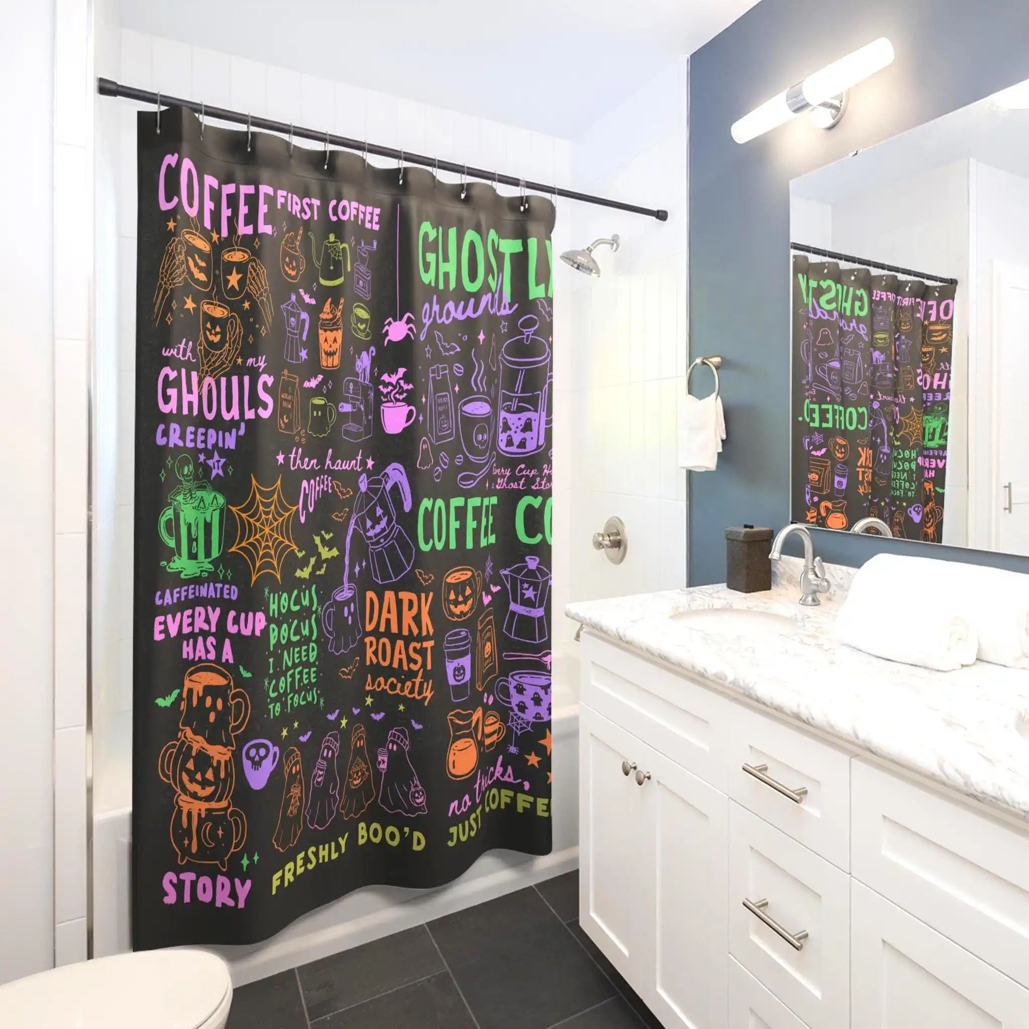 Funny Coffee Lover Shower Curtain Dark Roast Ghostly Caffeine Art Bathroom Decor Gift for Coffee Addict